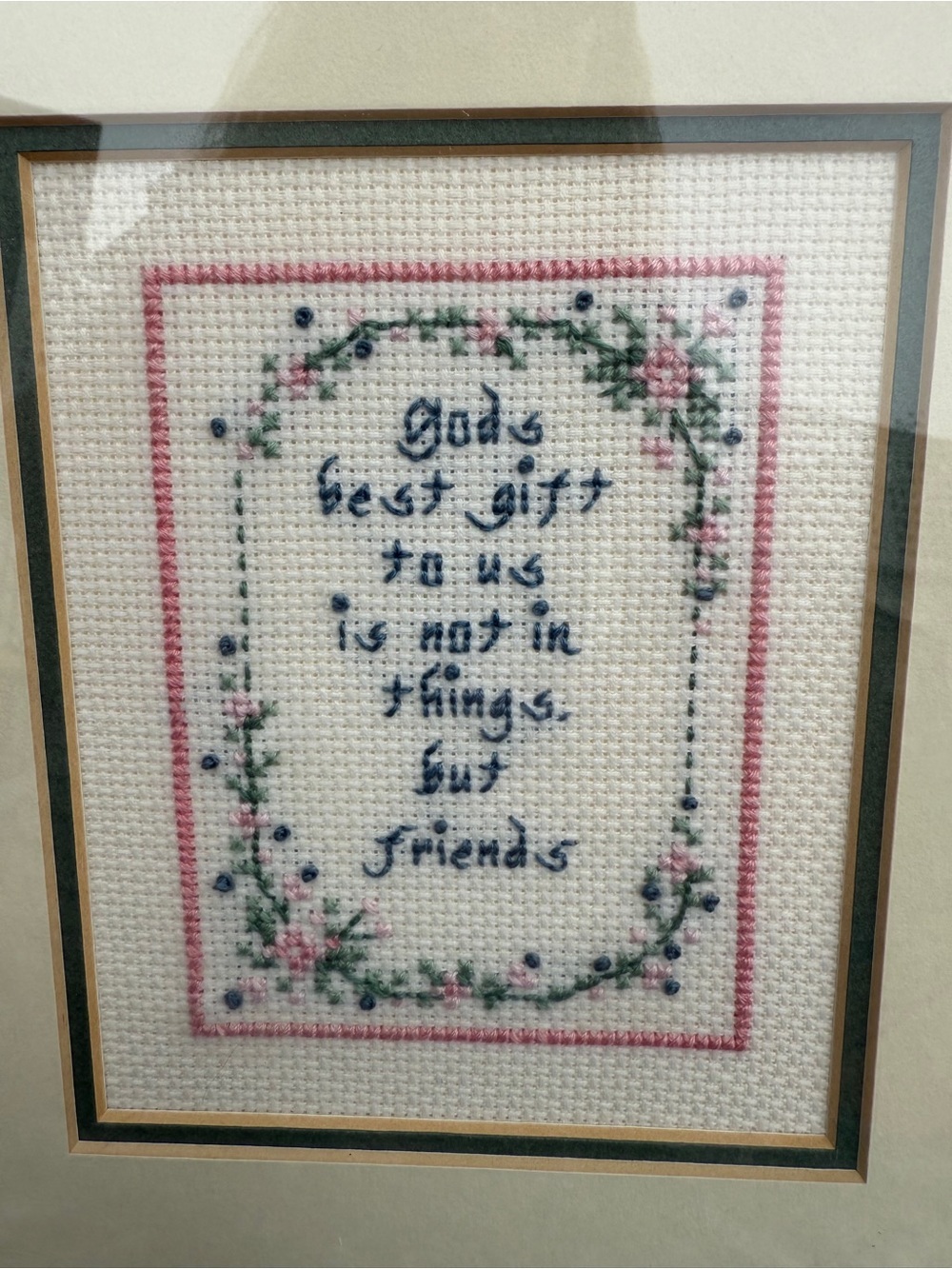 Framed Pink Floral Cross-Stitch Wall Art - Inspirational Quote Gods Best Gift